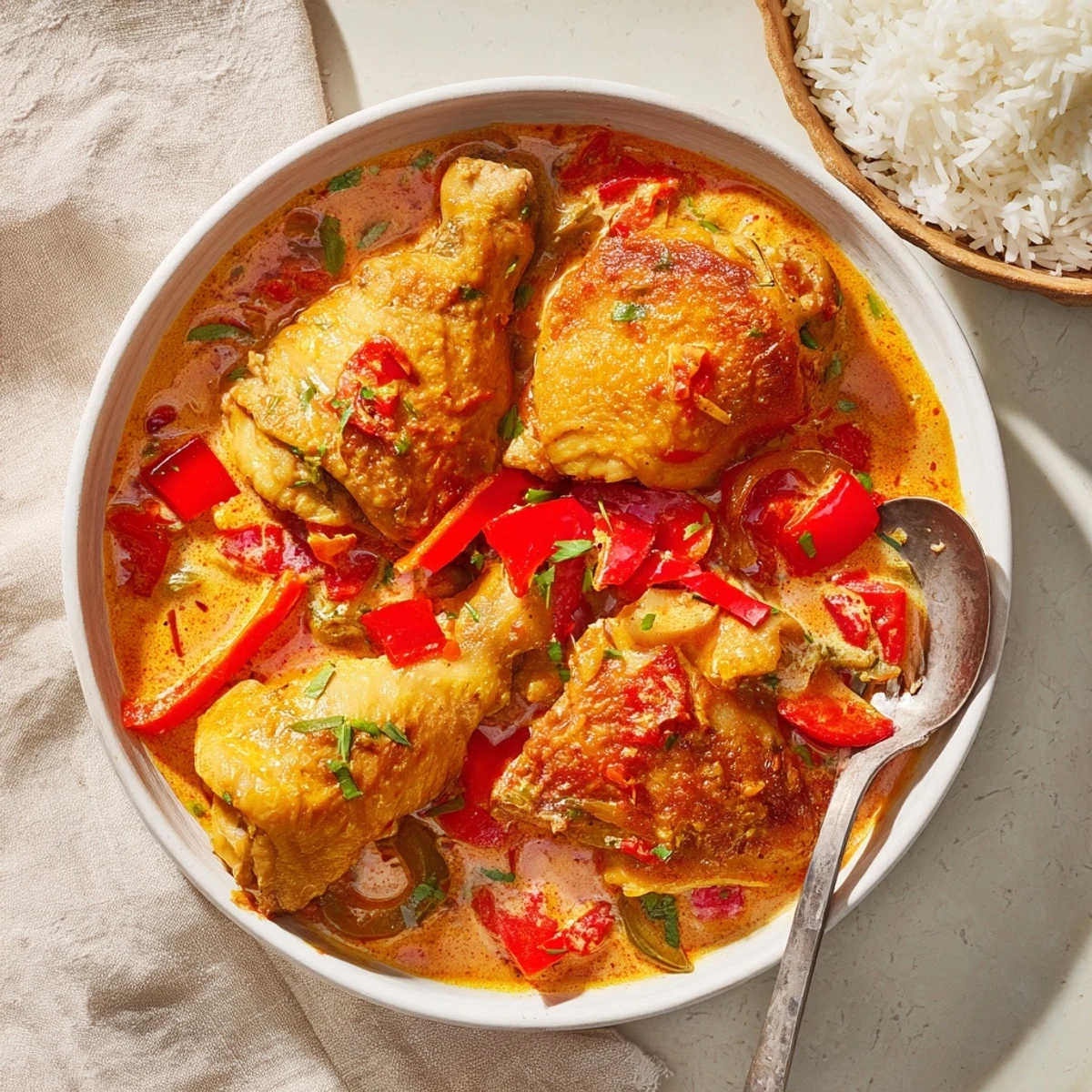 Plated spicy Brazilian coconut chicken garnished with fresh cilantro and served with lime wedges