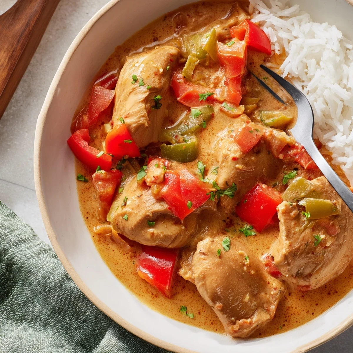 Close-up of tender chicken thighs in rich coconut milk sauce with vibrant red and green peppers