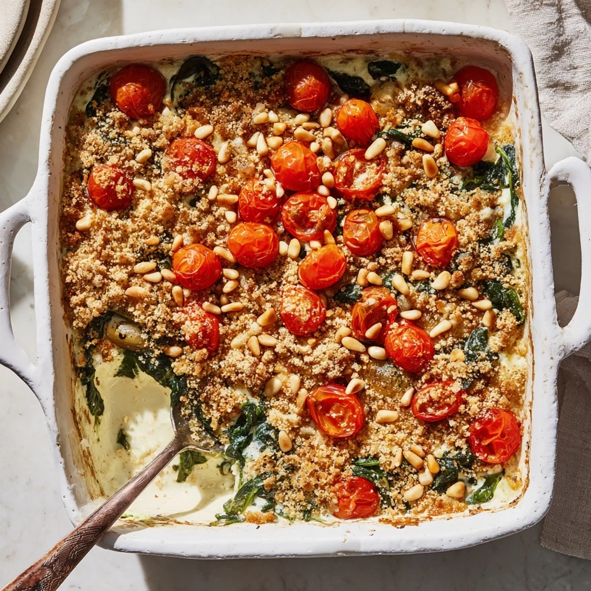 Golden creamy tomato spinach pine nut bake fresh from the oven with bubbling cheese topping