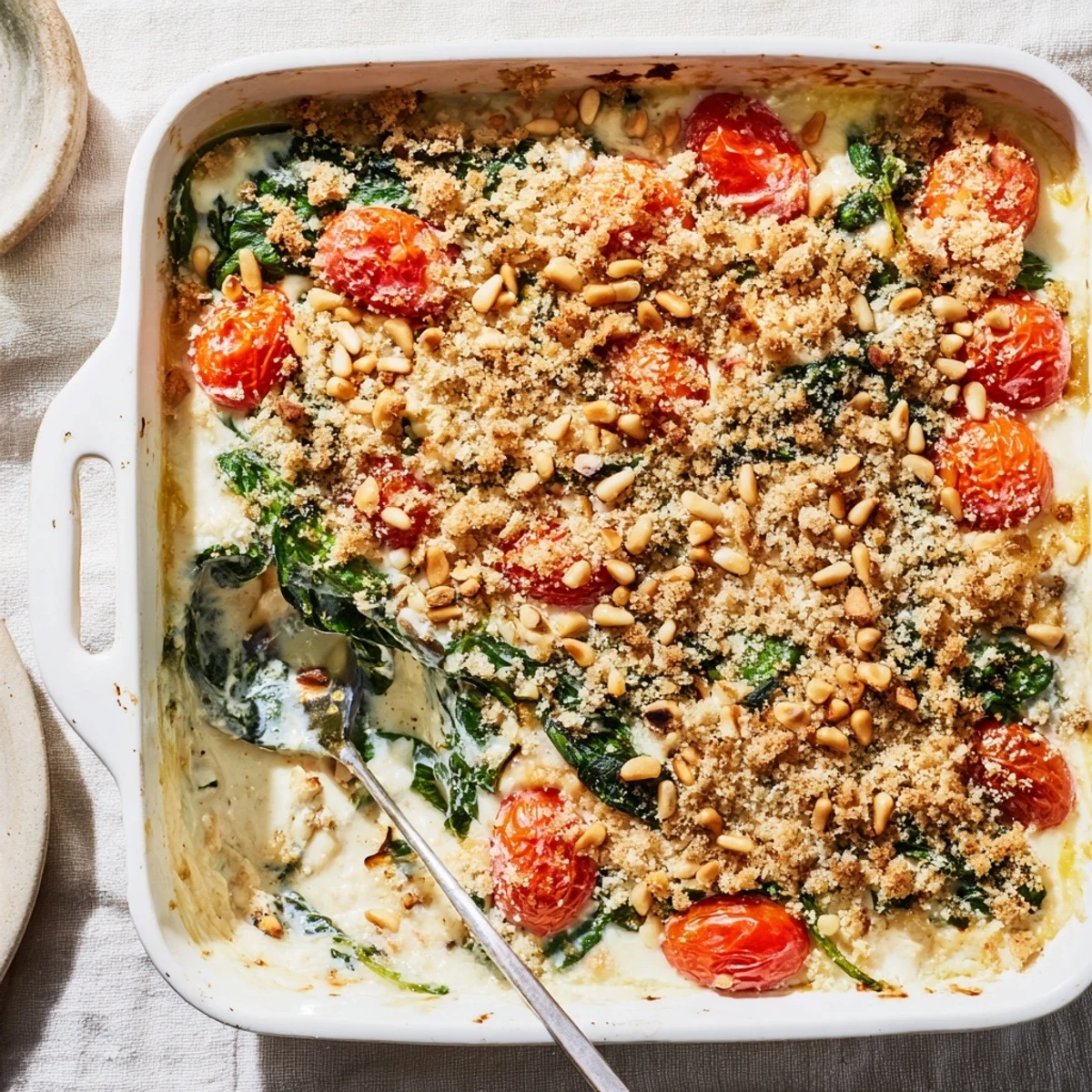 Vegetarian Mediterranean casserole layered with wilted spinach juicy tomatoes and toasted pine nuts