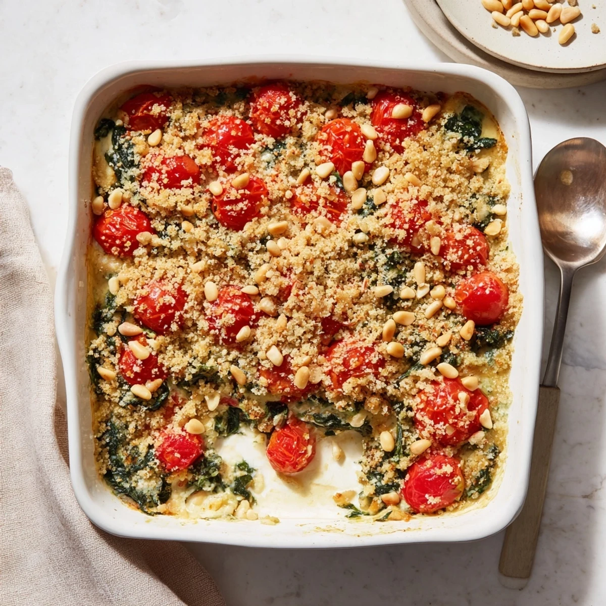 Creamy baked dish featuring ricotta parmesan sauce cherry tomatoes and crunchy pine nut garnish