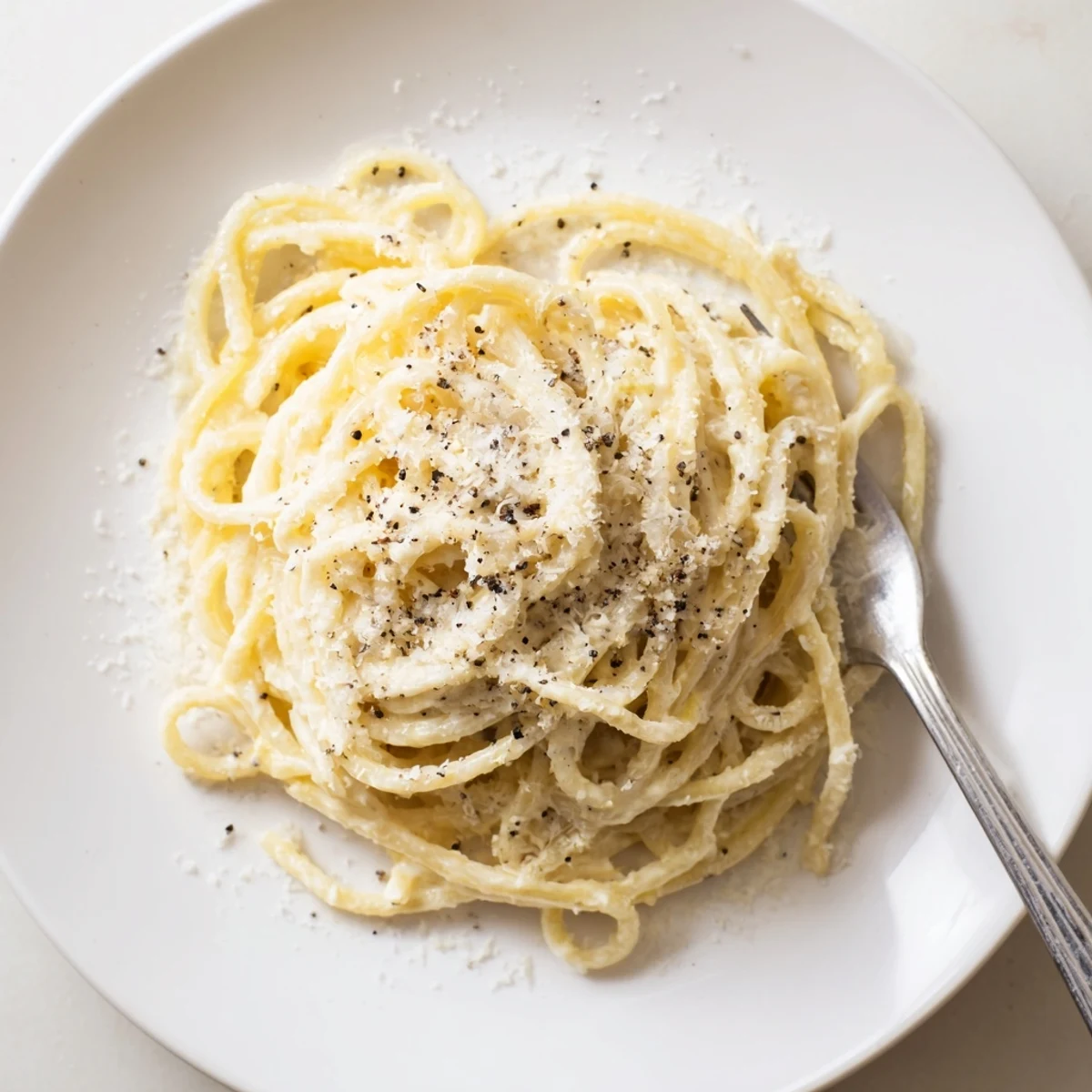 Close-up of authentic Cacio e Pepe pasta showing silky emulsified cheese sauce clinging to each strand with peppery finish