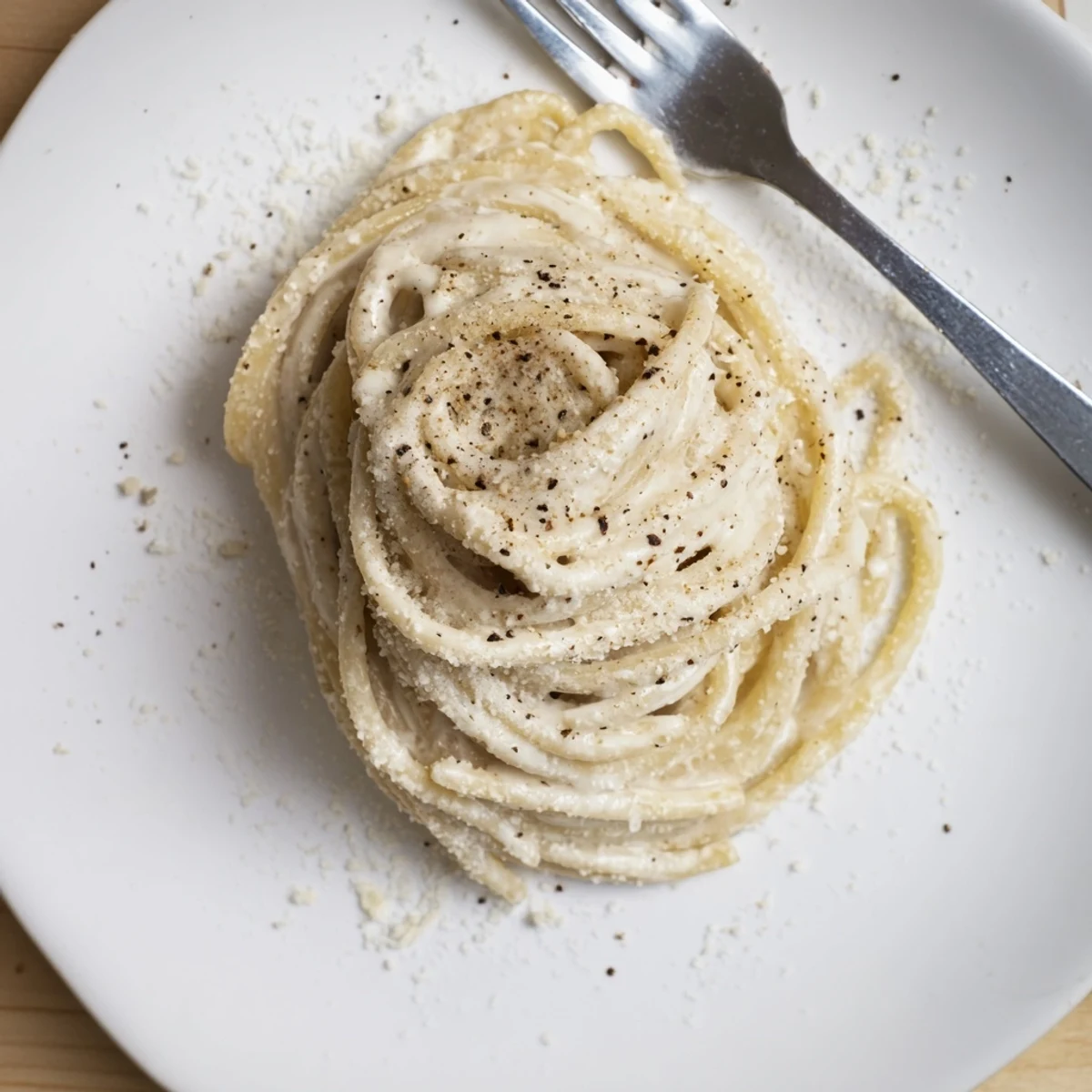 Steaming plate of Cacio e Pepe featuring twirled spaghetti noodles with aromatic Pecorino Romano sauce and dark pepper specks