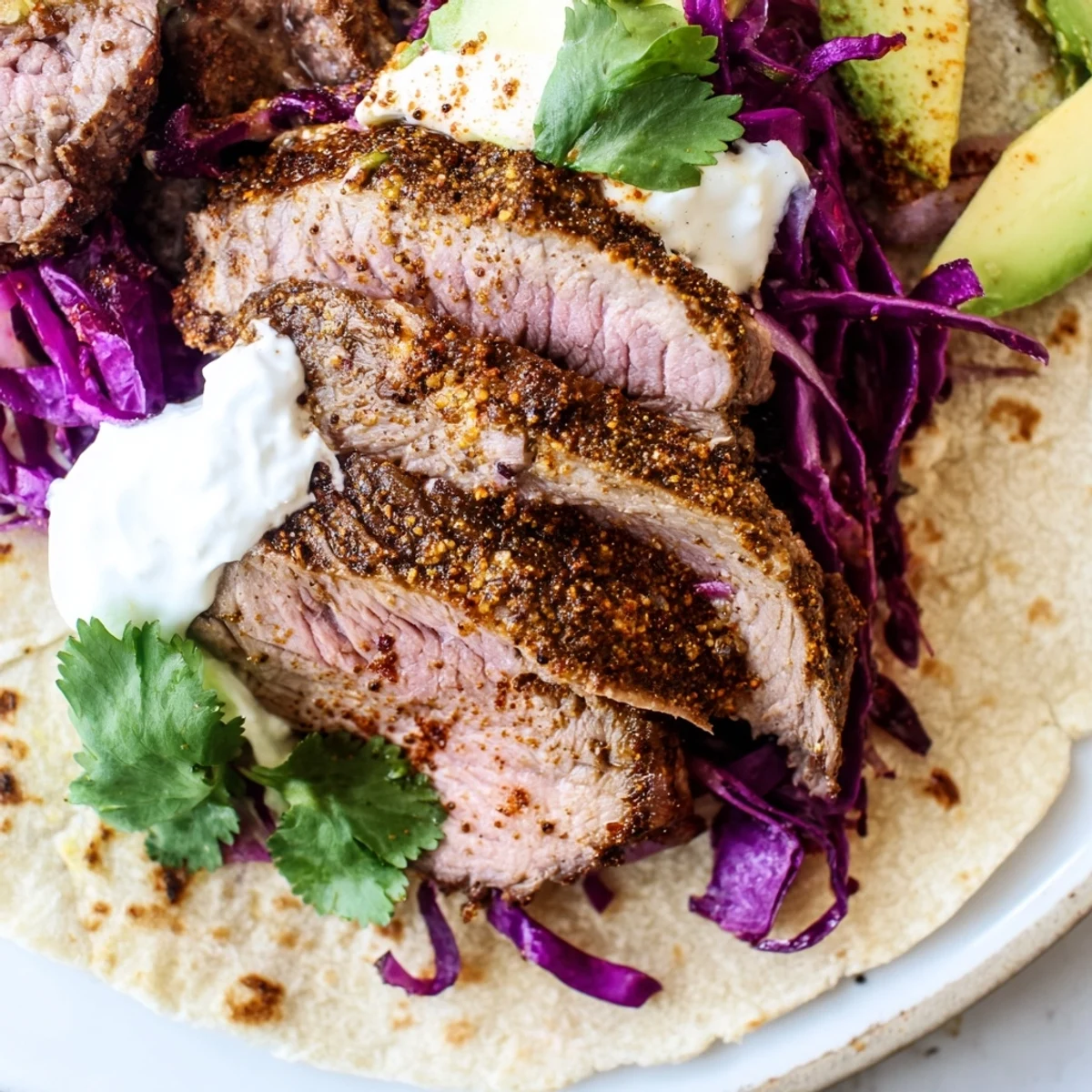 Delicious lamb tacos with aromatic spice rubbed meat piled high in warm flour tortillas
