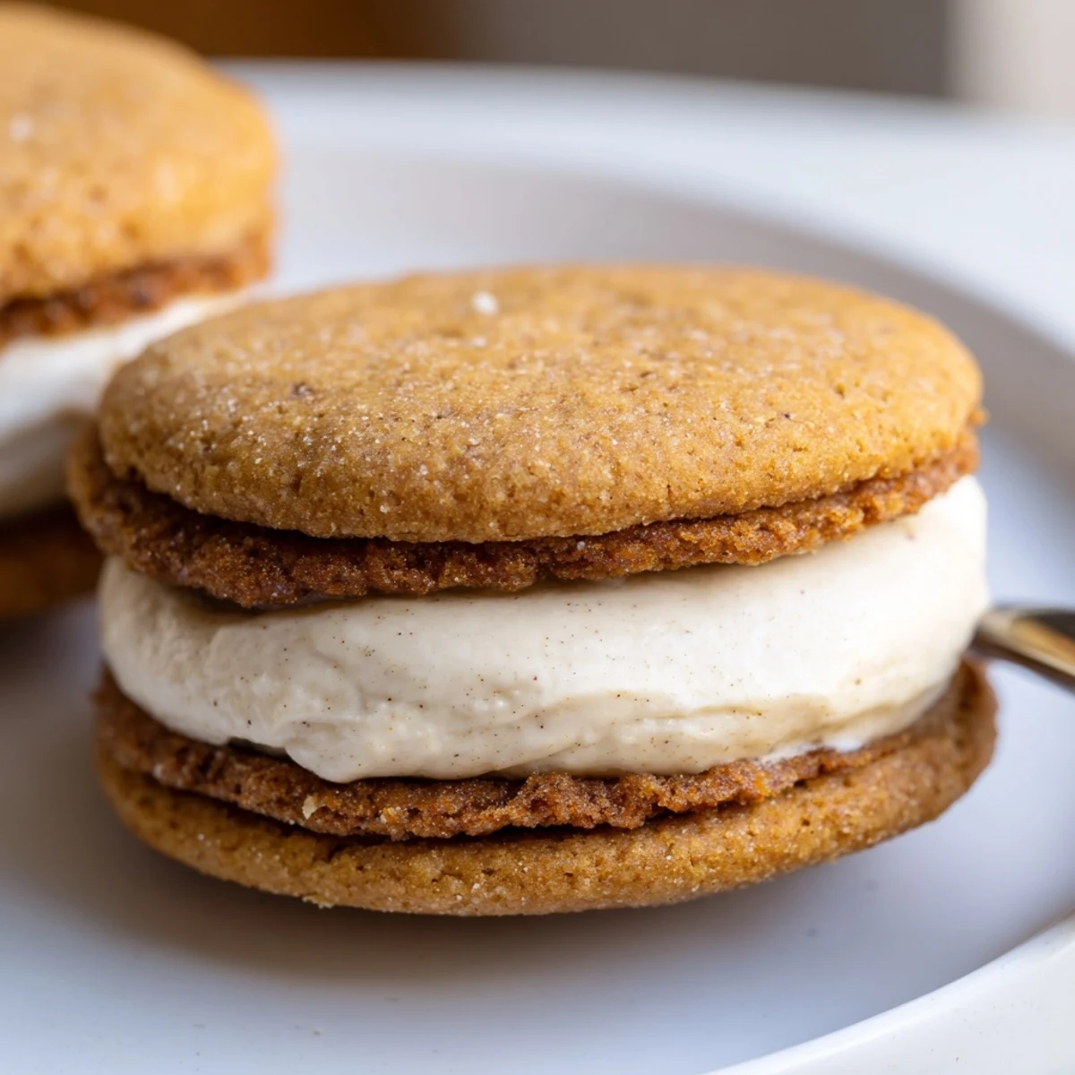 Golden chai shortbread cookie sandwiches with creamy spiced frosting between two buttery rounds