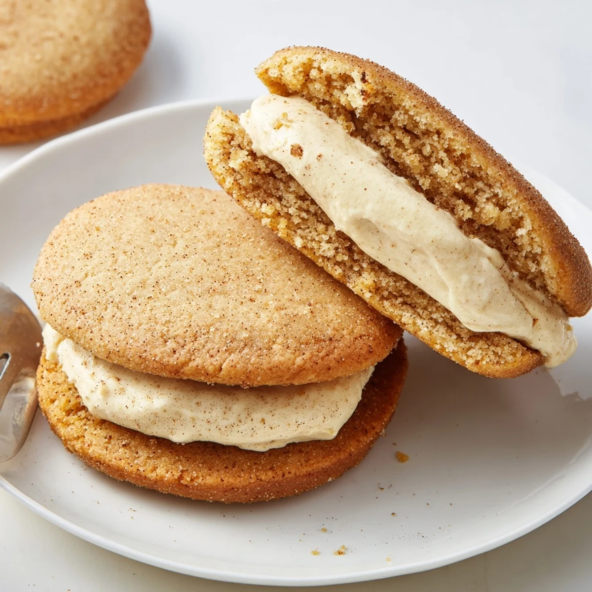 Homemade chai shortbread cookie sandwiches filled with cinnamon spiced buttercream on a white plate