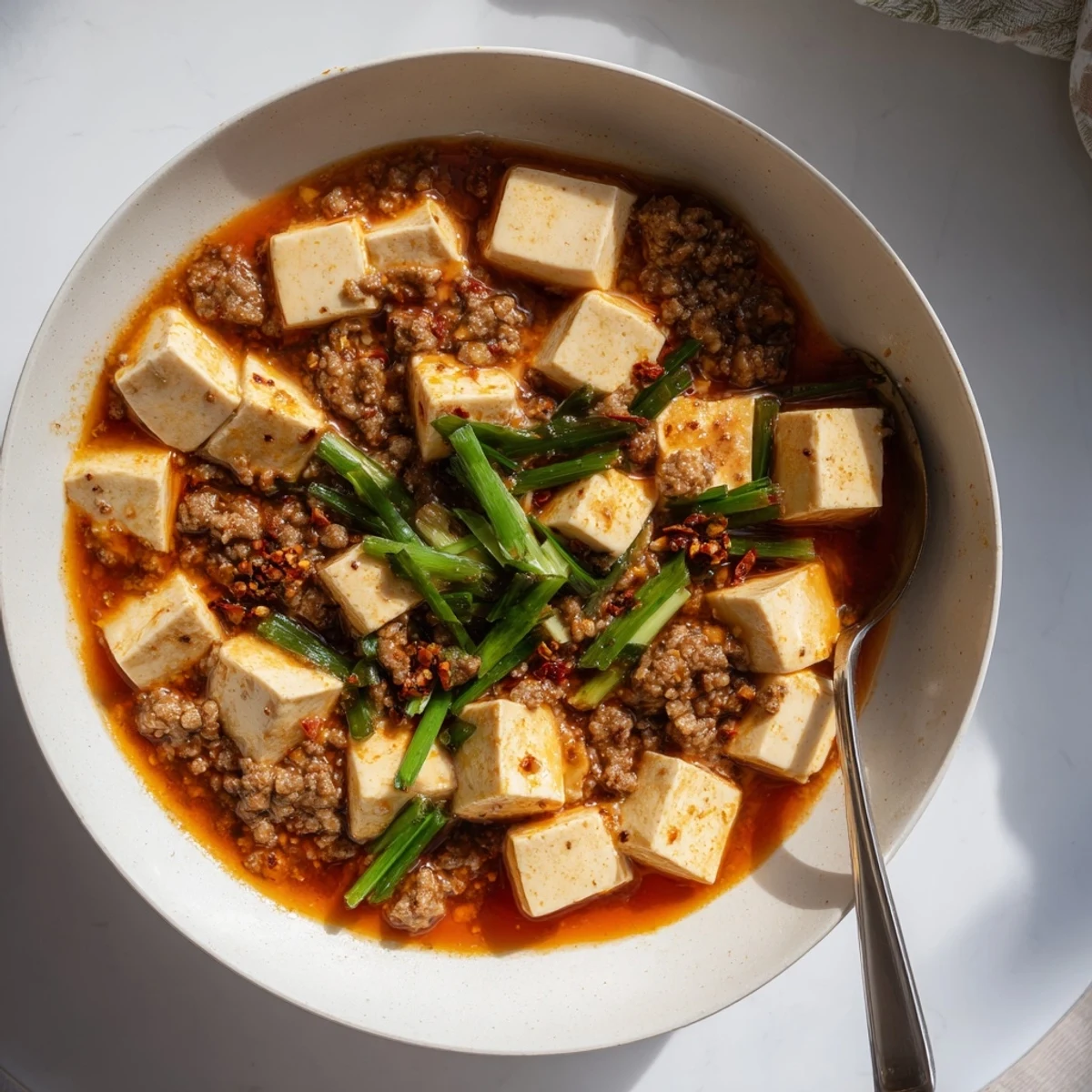 Golden Mapo Tofu simmered with aromatic Sichuan peppercorns and ground pork in glossy chili sauce