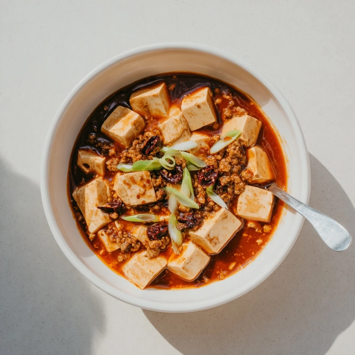 Steamy bowl of Mapo Tofu featuring silky tofu cubes in spicy red sauce with scallion garnish