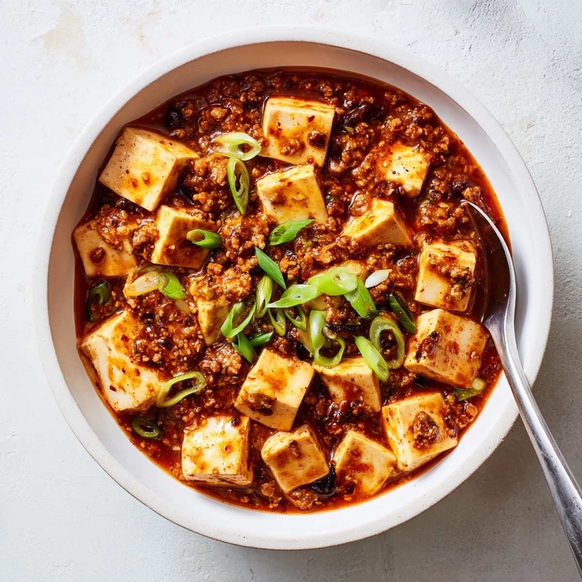 Vibrant Mapo Tofu plated with white rice showcasing numbing heat and fermented bean paste richness