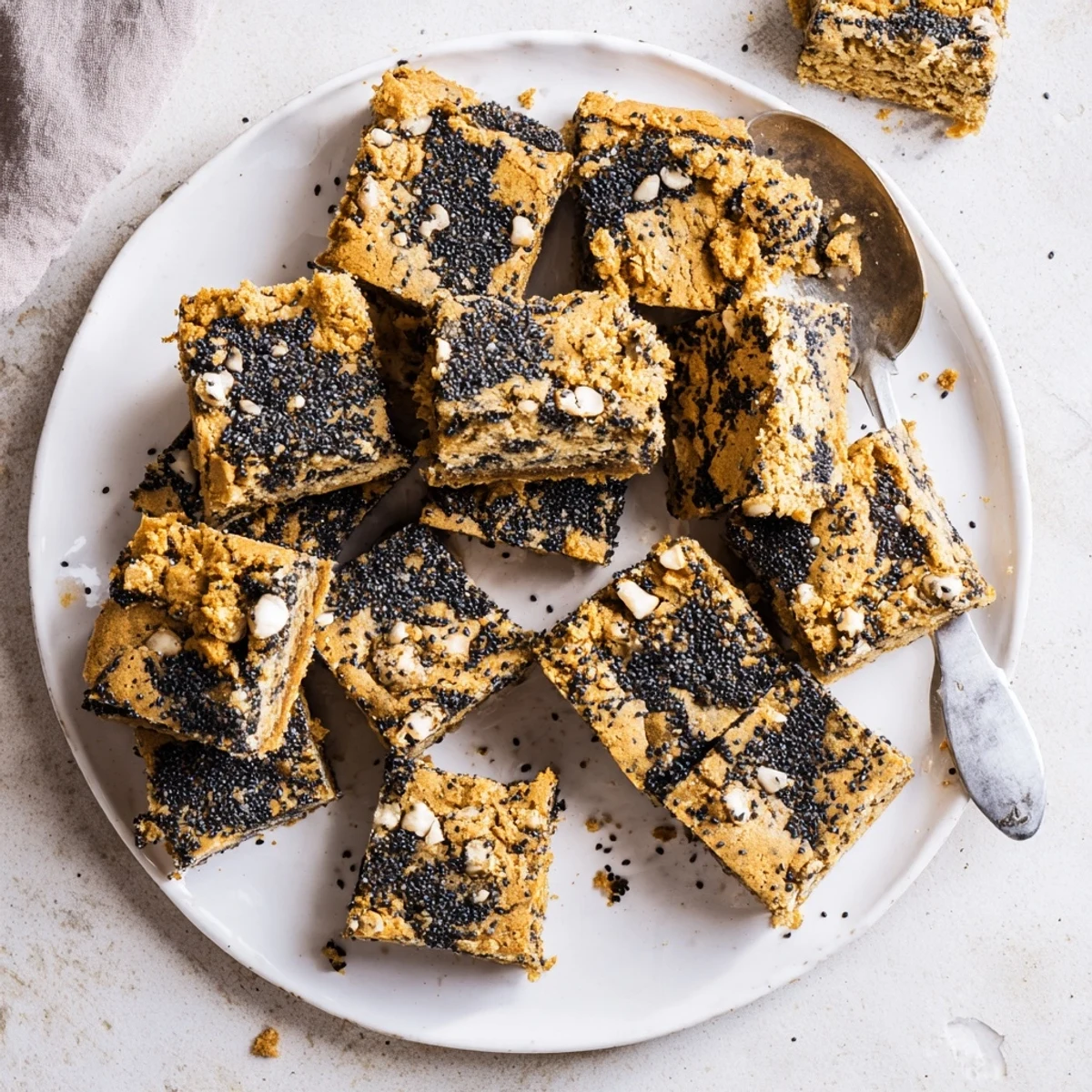 Chewy black sesame blondies sprinkled with toasted sesame seeds on a rustic wooden board