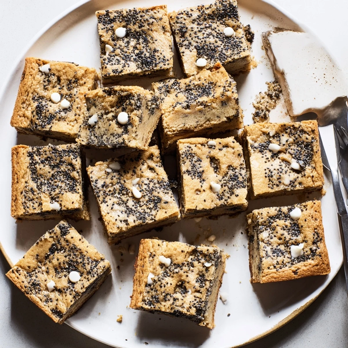 Golden black sesame blondies featuring a swirled marbled top and speckled nutty interior
