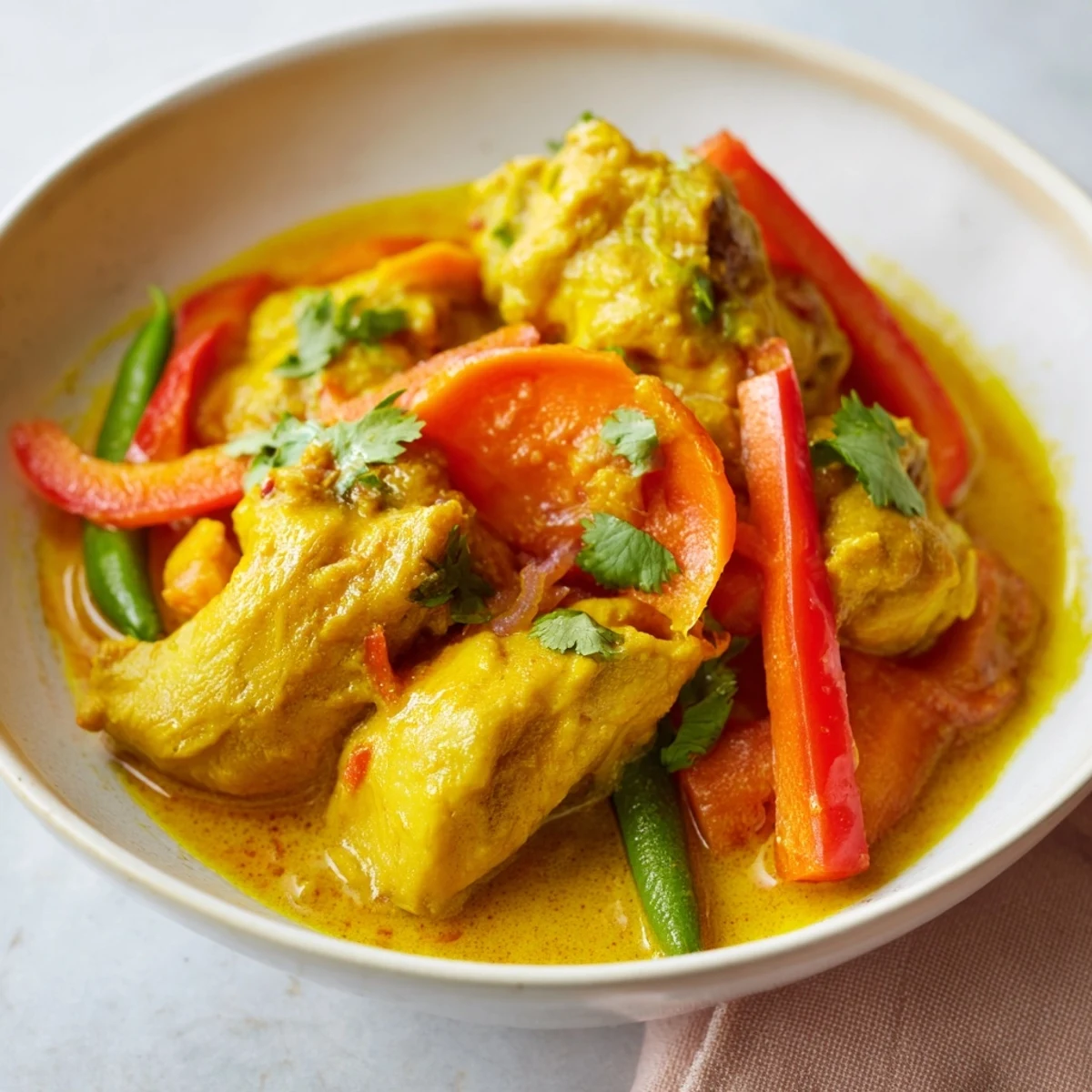 Golden yellow jungle chicken curry simmered in rich coconut milk with colorful vegetables and fresh cilantro garnish