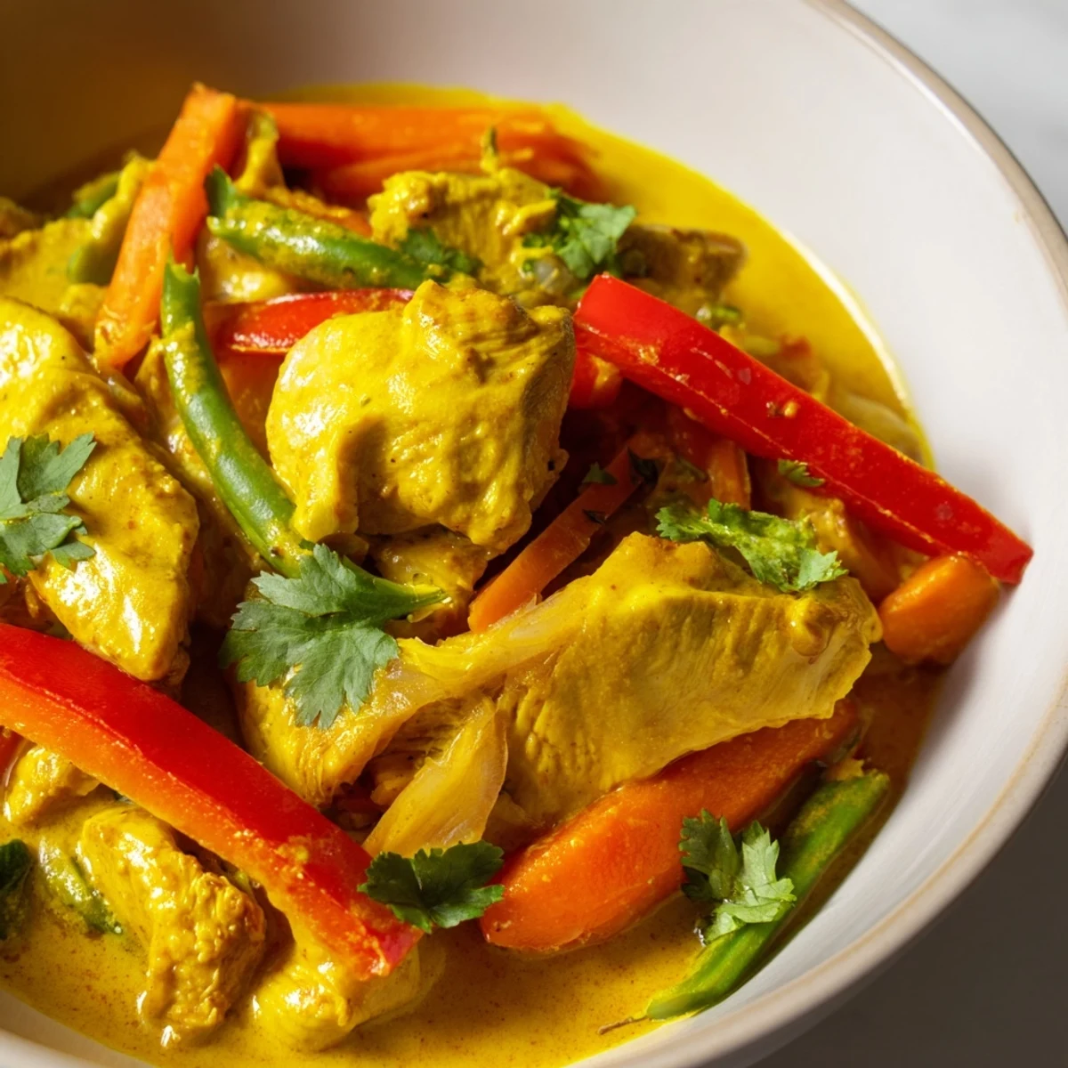 Creamy Thai yellow jungle chicken curry served over fluffy jasmine rice with tender chicken and crisp vegetables