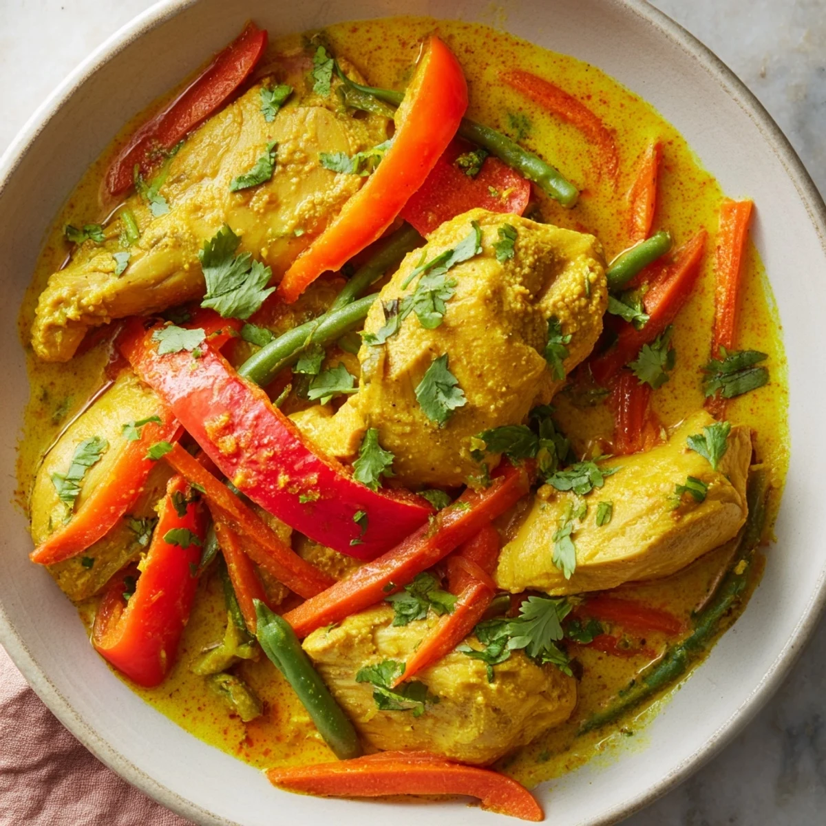 Vibrant yellow jungle chicken curry in a bowl featuring tender chicken pieces bell peppers and green beans in aromatic sauce