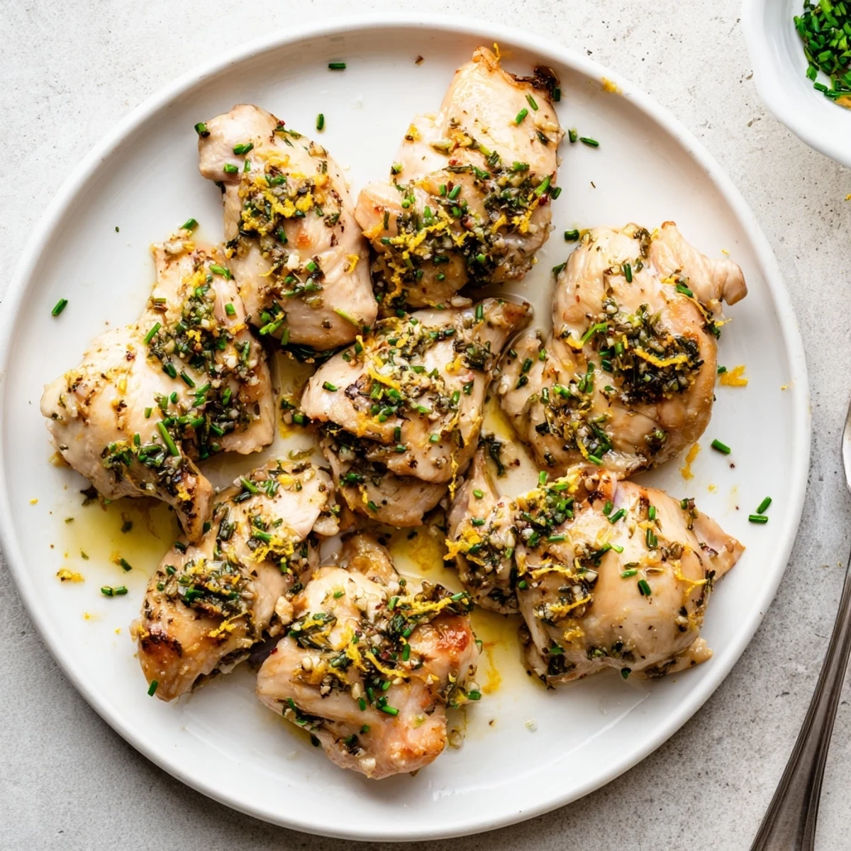 Golden roasted Spring Garlic Herb Chicken garnished with fresh chives and lemon wedges on a white serving platter