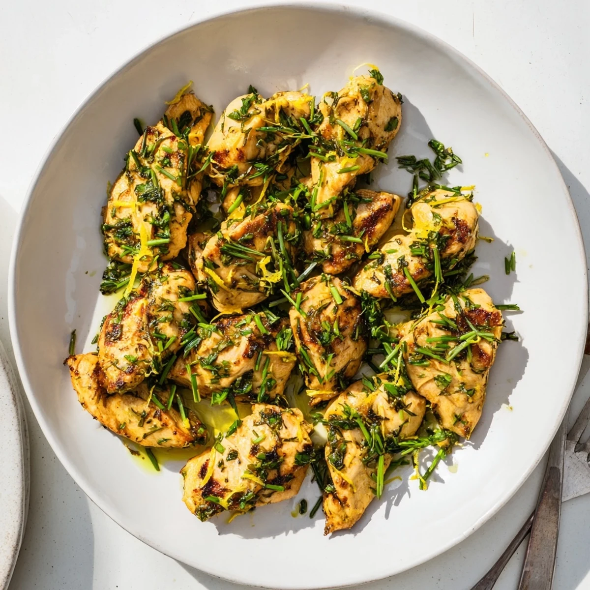 Juicy baked Spring Garlic Herb Chicken breasts featuring bright green parsley and rosemary marinade