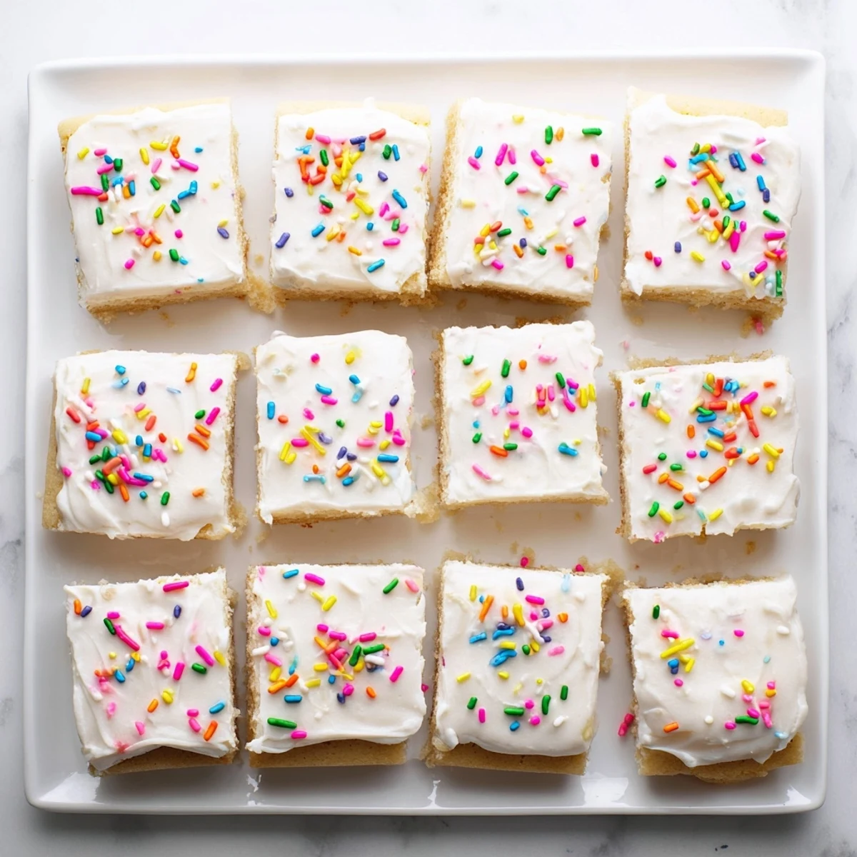 Soft golden sugar cookie bars topped with smooth white vanilla frosting and colorful sprinkles