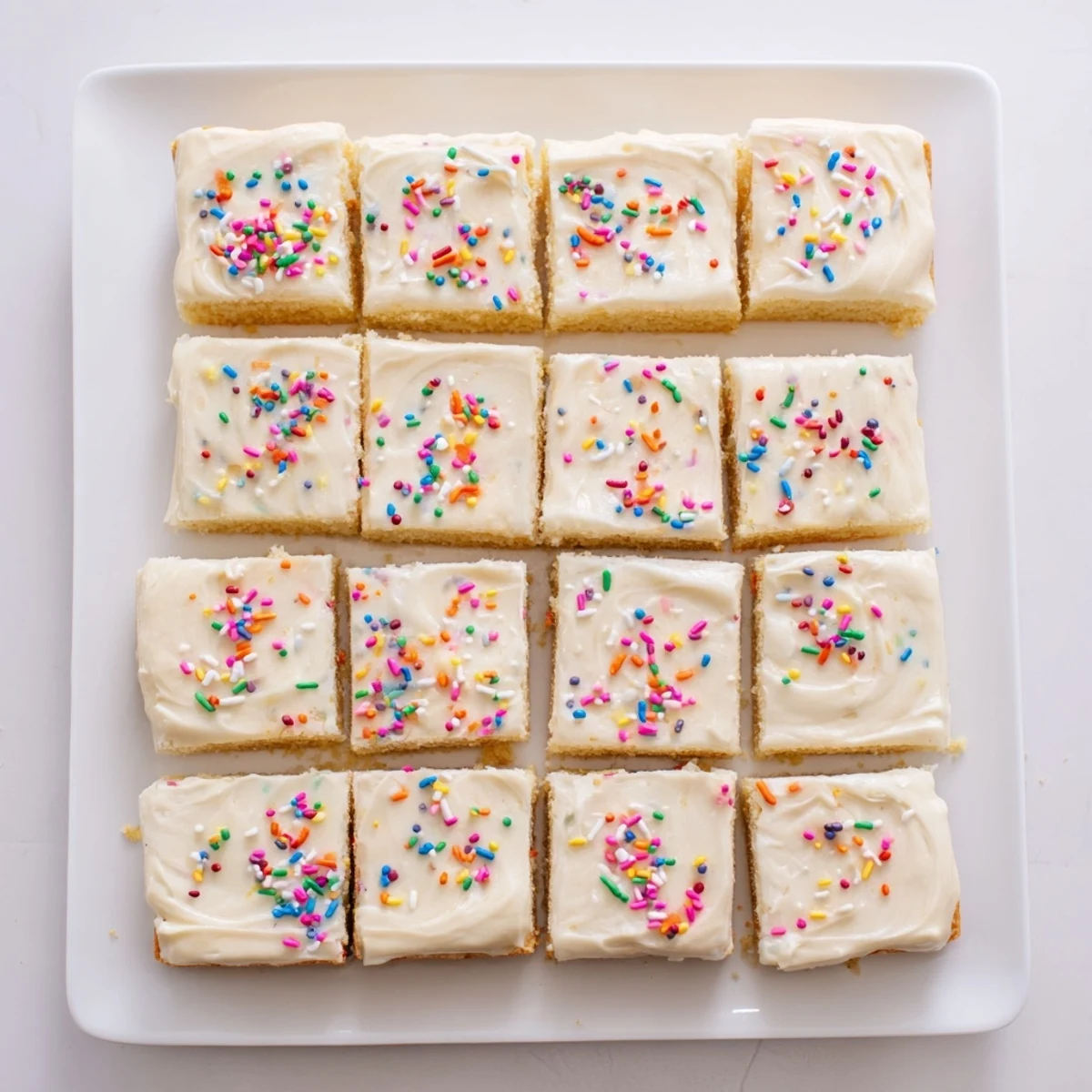 Square buttery sugar cookie bars spread with creamy frosting for easy party serving
