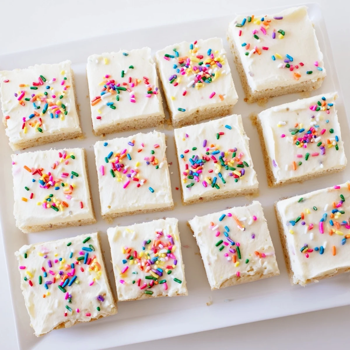 Homemade sugar cookie bars with thick vanilla glaze cut into neat handheld squares