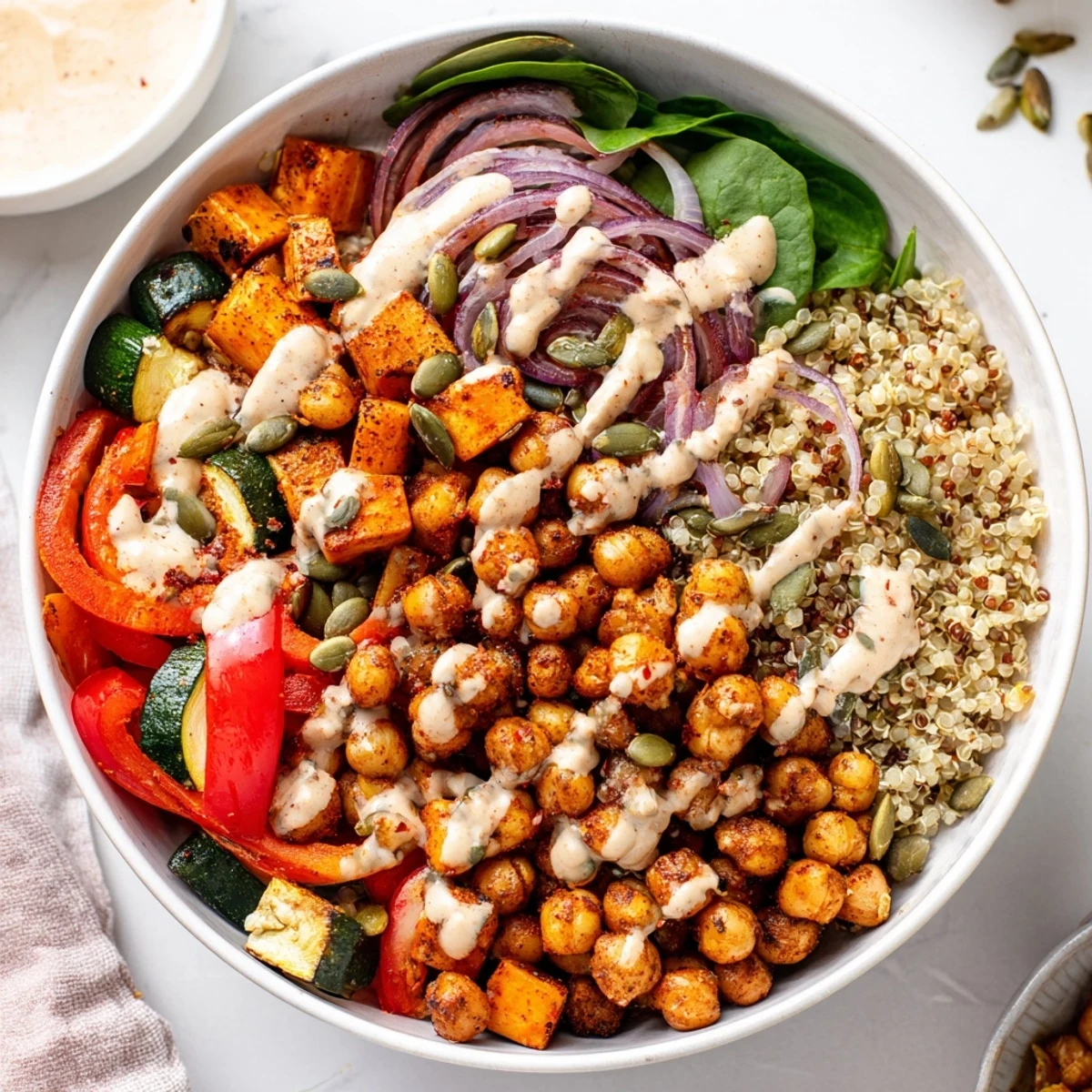 Golden roasted chickpeas and colorful veggies atop fluffy quinoa drizzled with creamy tahini dressing