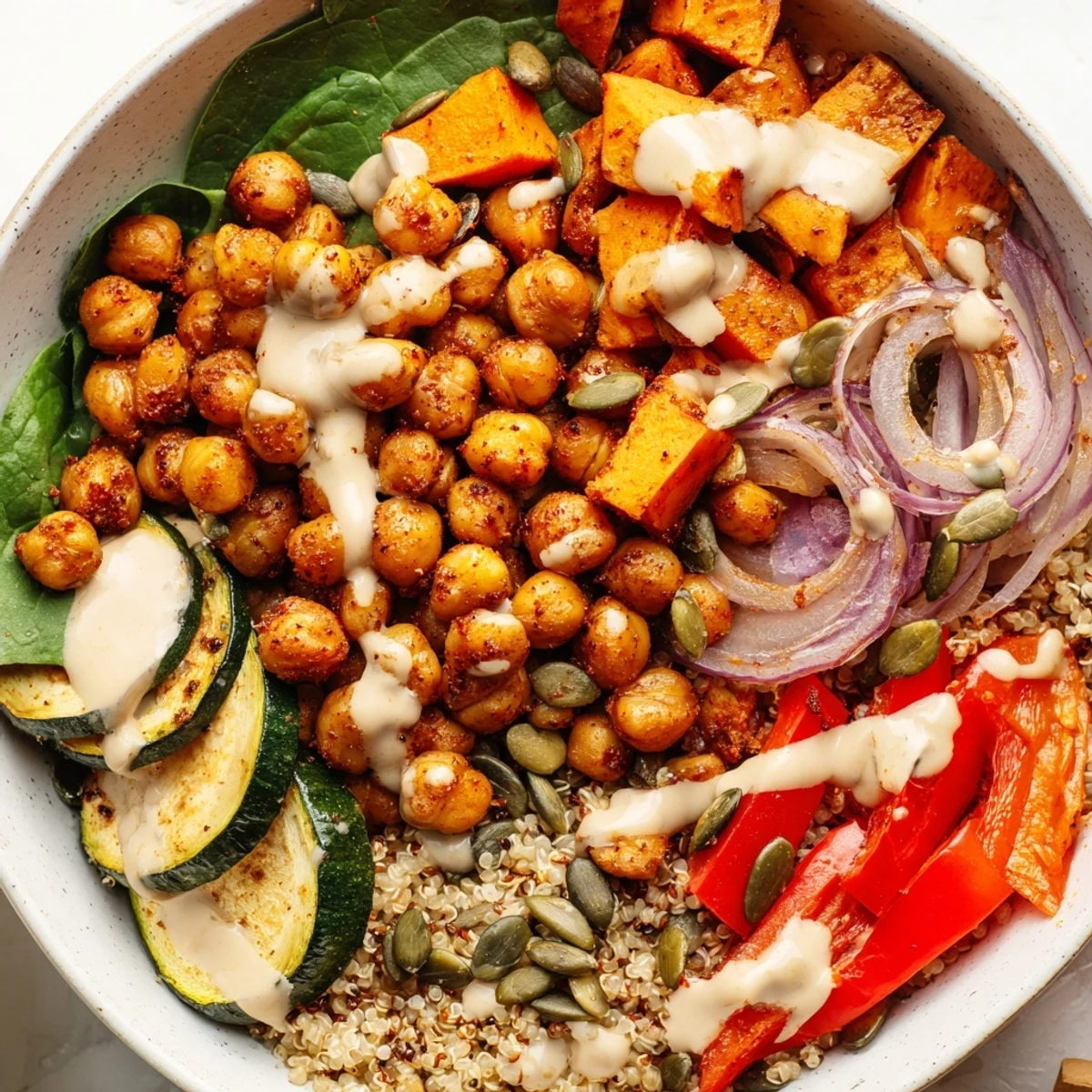 Vibrant Mediterranean bowl featuring crisp chickpeas roasted vegetables fresh greens and nutty tahini sauce