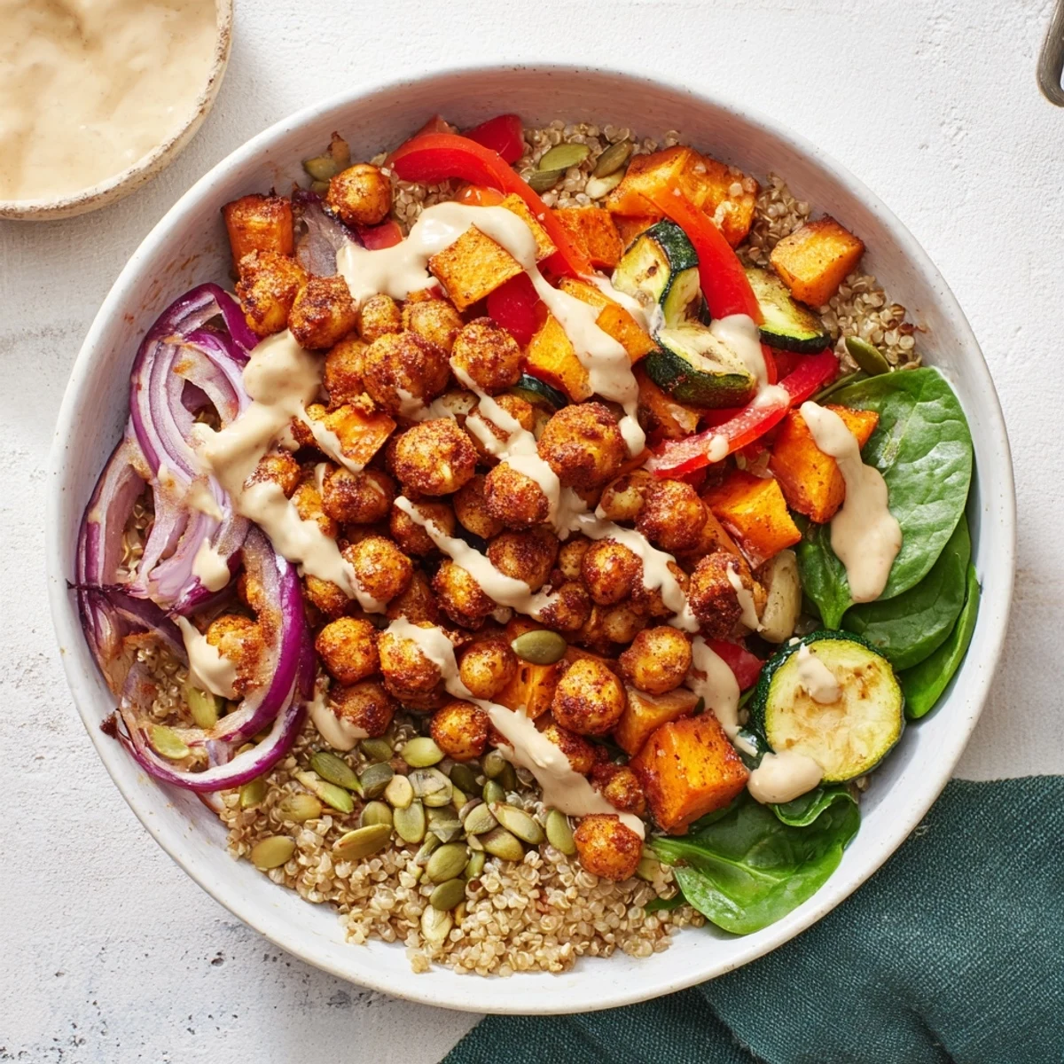 Plant-based power bowl with spiced chickpeas sweet potato bell peppers and zesty tahini drizzle