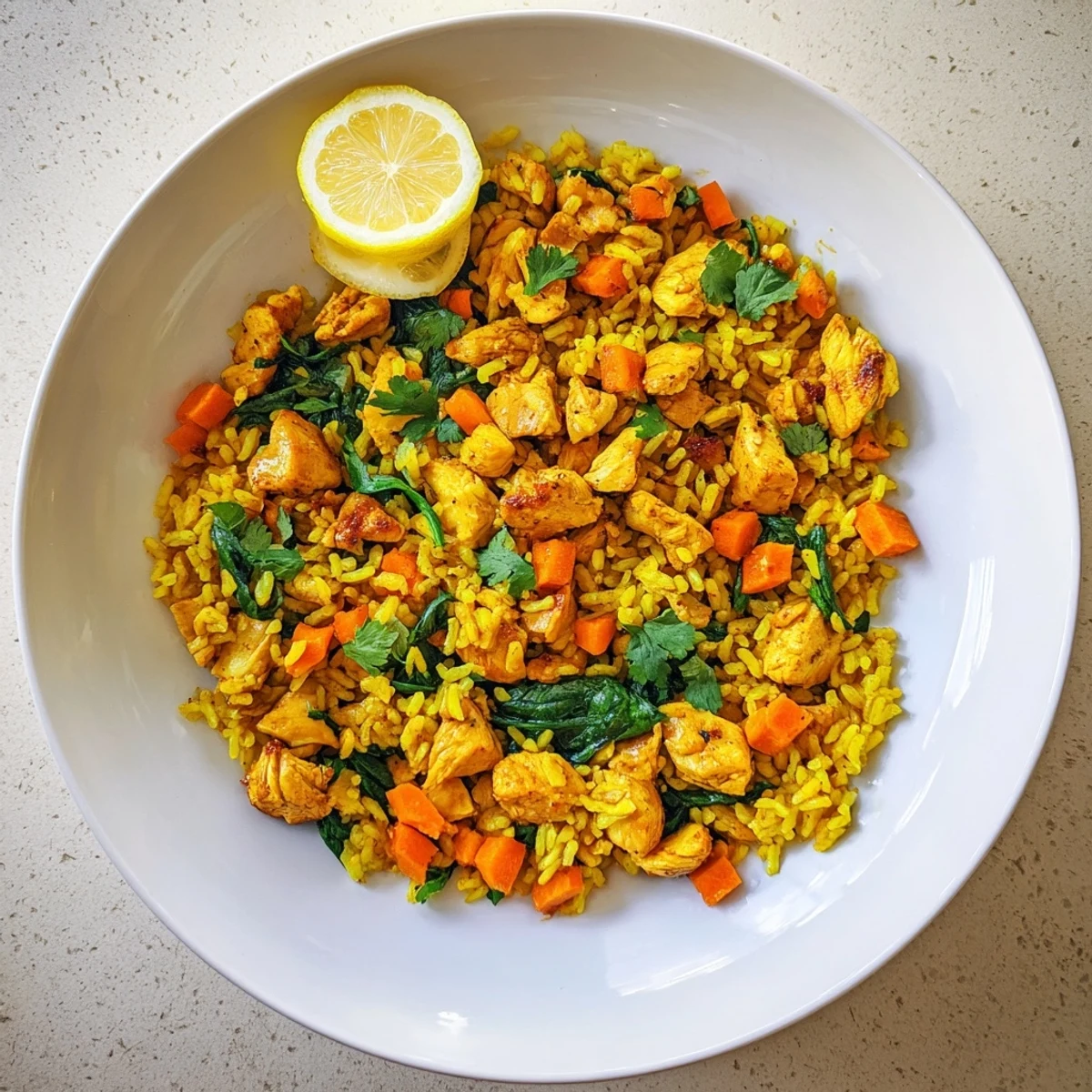 Vibrant yellow anti-inflammatory turmeric chicken rice with tender chicken pieces and bright vegetables