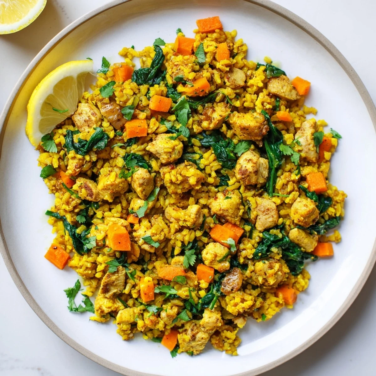 Golden anti-inflammatory turmeric chicken rice in a white bowl garnished with fresh cilantro