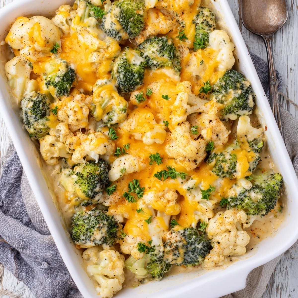 Golden keto broccoli cauliflower bake with melted cheddar cheese bubbling on top