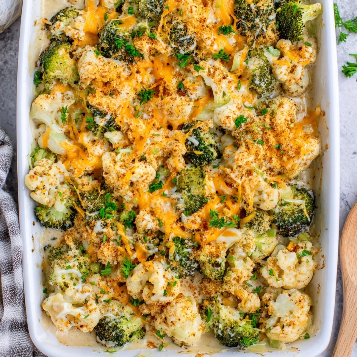Creamy low-carb broccoli and cauliflower casserole fresh from the oven with parsley garnish