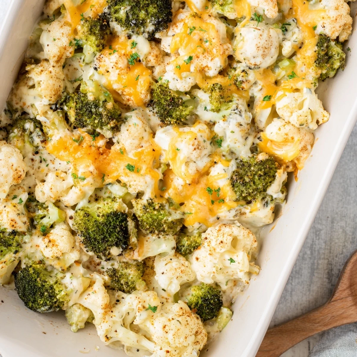Baked keto broccoli cauliflower casserole featuring tender vegetables in a rich cheese sauce