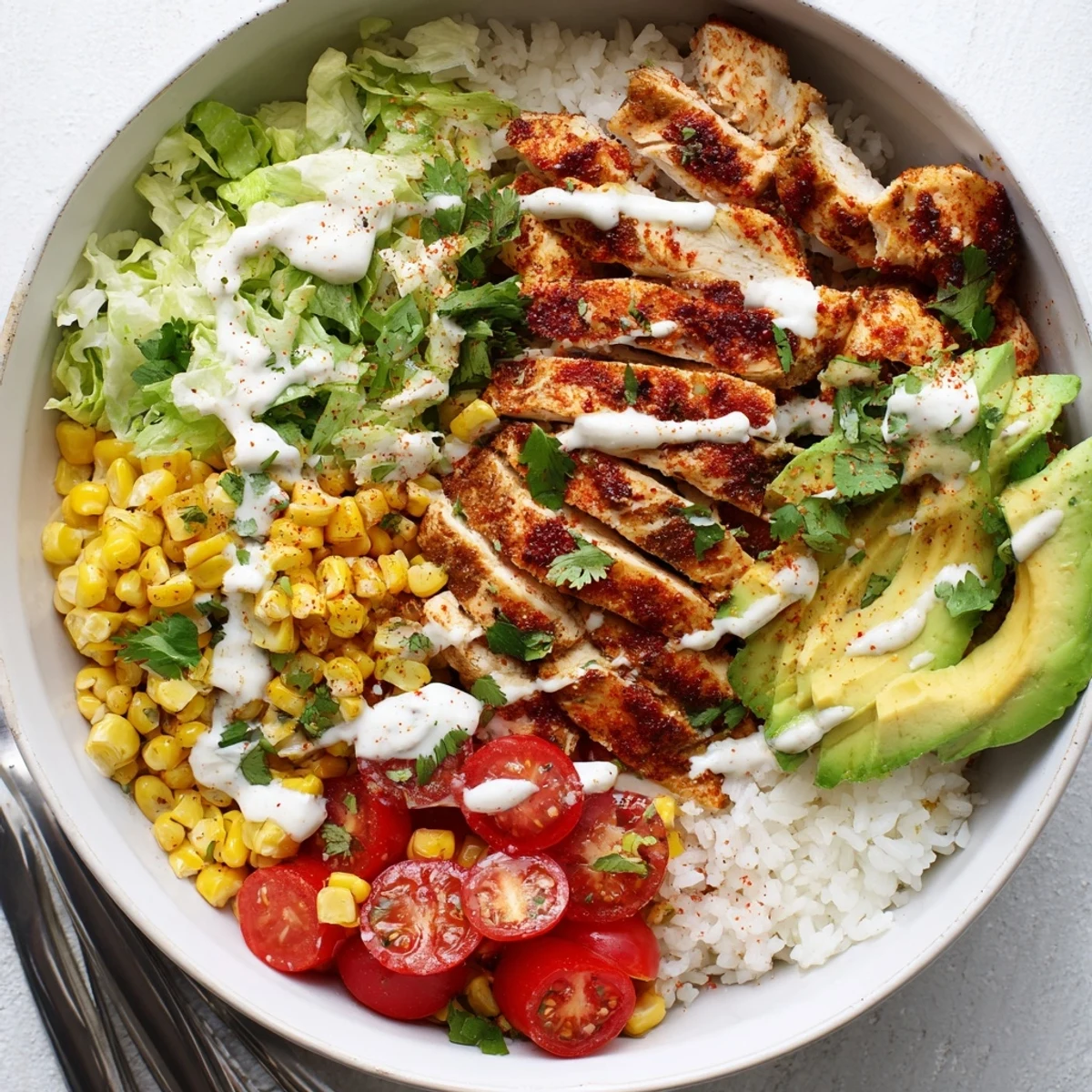 Golden grilled chicken atop a vibrant street corn bowl with creamy cotija and zesty lime crema drizzle