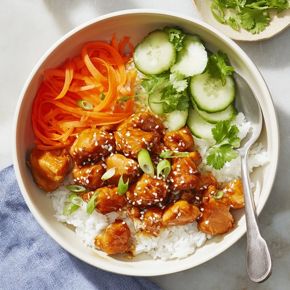 Golden brown sticky chicken bowls glazed in honey soy sauce over fluffy white rice with fresh cucumber and shredded carrots