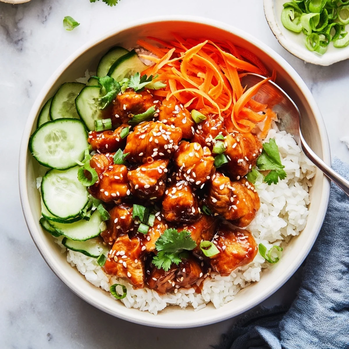 Asian-inspired sticky chicken bowls featuring caramelized honey-garlic chicken thigh pieces over steaming rice with colorful fresh veggie toppings