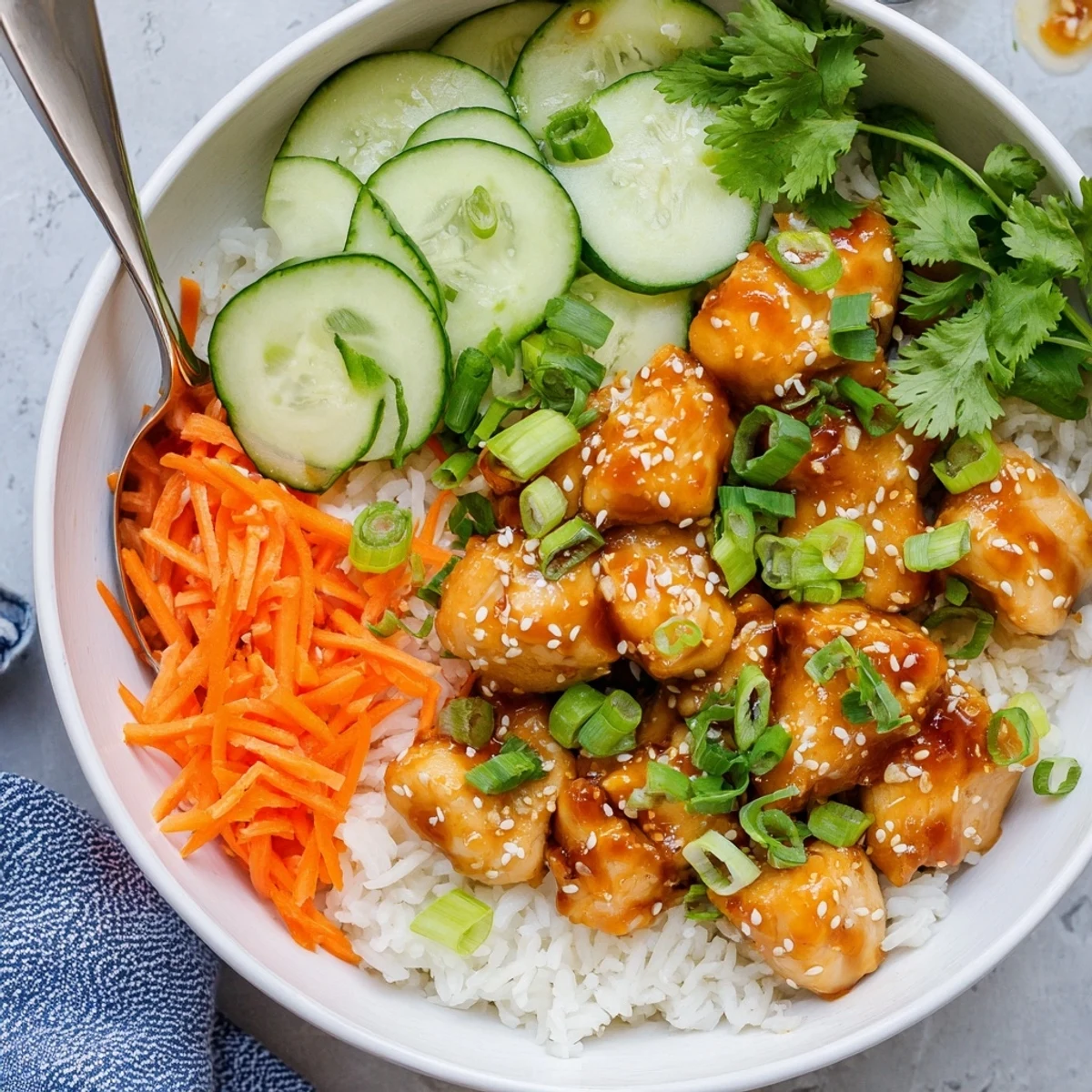 Tender chicken pieces coated in sweet and savory sticky glaze served in rice bowls with crisp vegetables and sesame seeds
