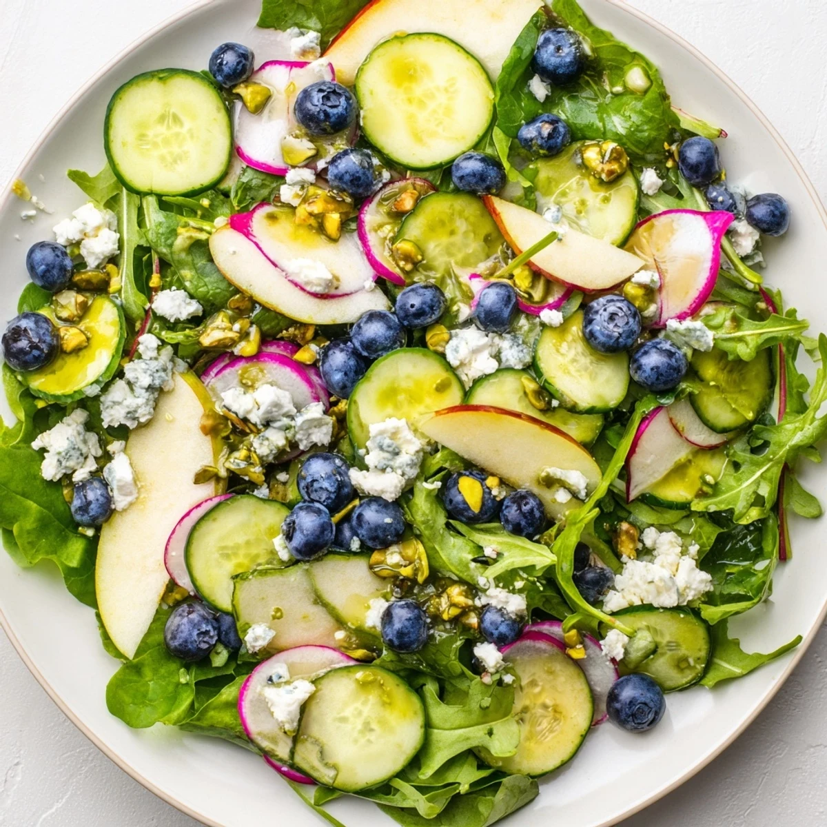 Fresh blueberry pistachio spring salad with crisp greens and feta in a white bowl
