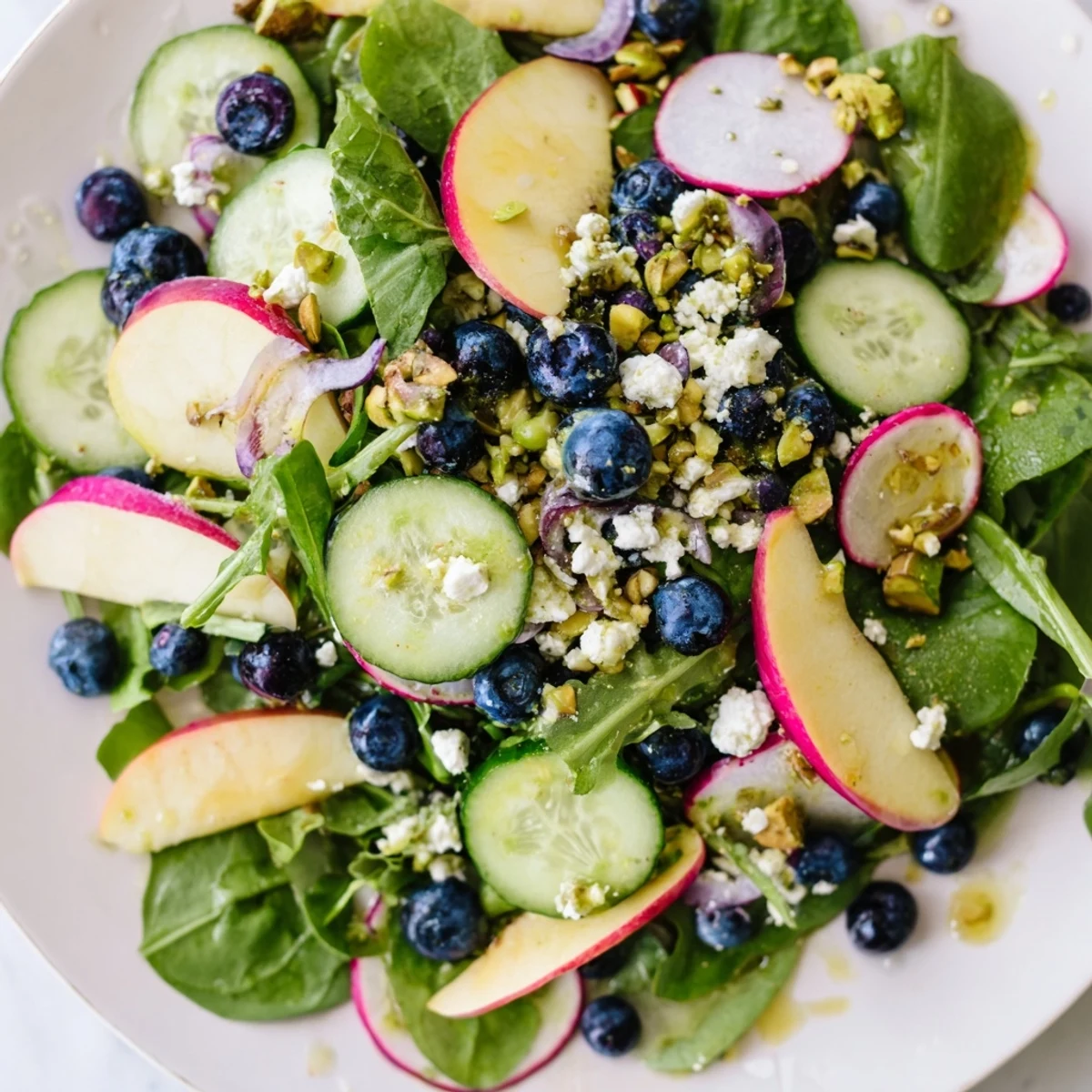 Colorful blueberry pistachio spring salad featuring sweet fruit and crunchy nuts on fresh greens