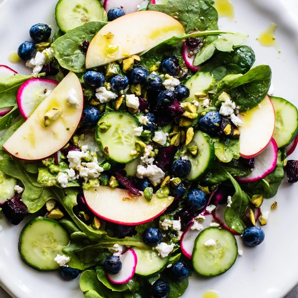 Vibrant blueberry pistachio spring salad topped with crumbled feta and bright seasonal vegetables