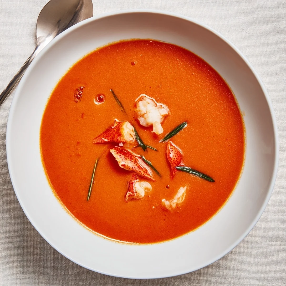 Golden bowl of rich Gordon Ramsay lobster bisque topped with succulent lobster meat