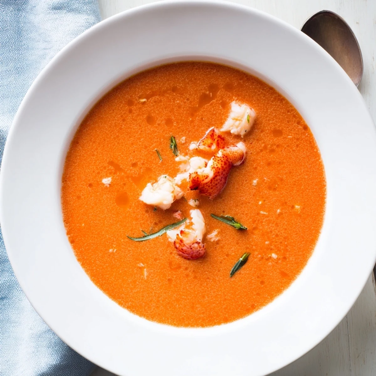 Velvety smooth Gordon Ramsay lobster bisque served in white bowl with herb garnish