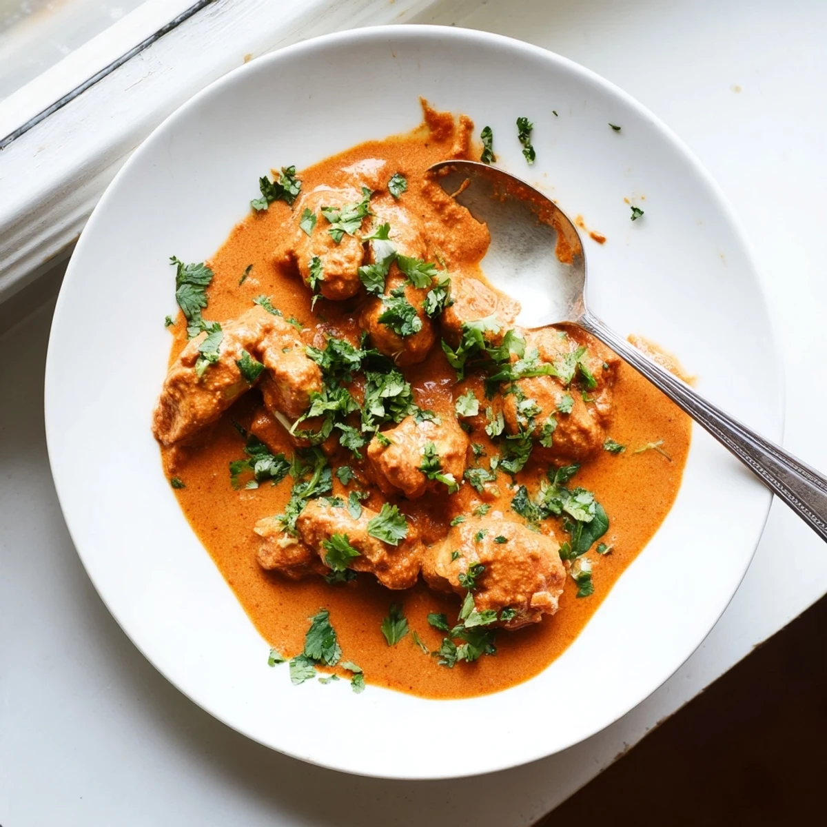 Tender pieces of spiced chicken swimming in velvety orange curry sauce with rice