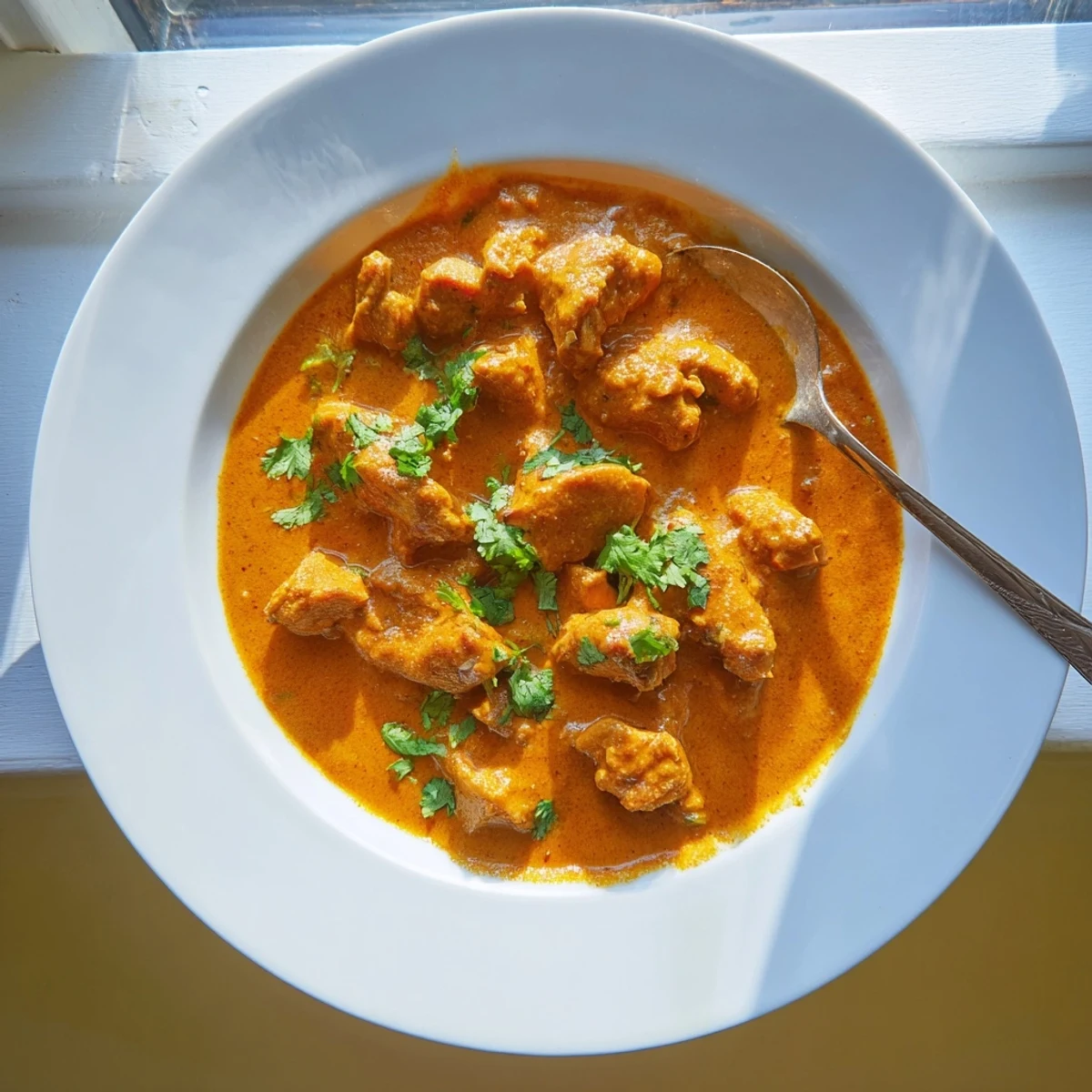Steaming bowl of authentic Indian butter chicken served over fluffy white basmati rice