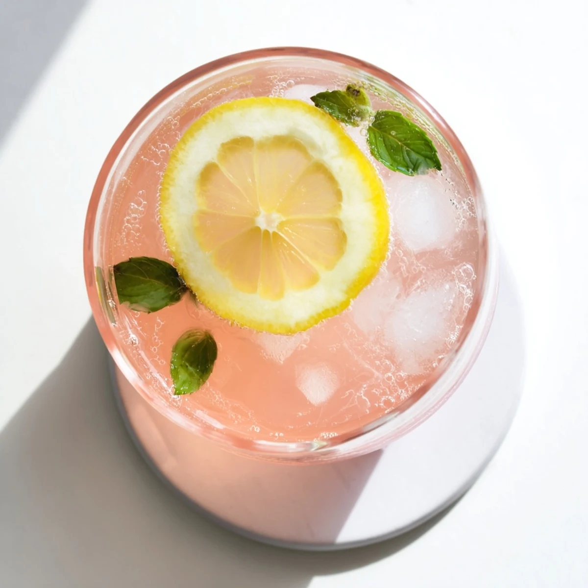 Tall glass of pink guava white tea lemonade garnished with fresh lemon slices and mint sprig on ice