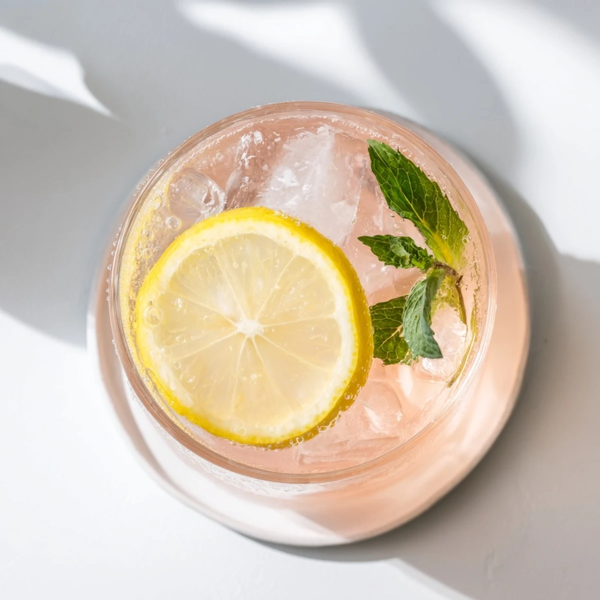 Golden guava white tea lemonade poured over ice cubes with fresh mint leaves and lemon slice on wooden table