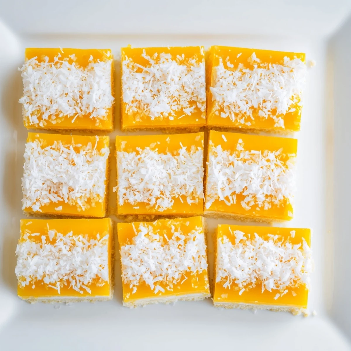 Chewy tropical dessert bars featuring sweet mango filling and shredded coconut sprinkled generously on top