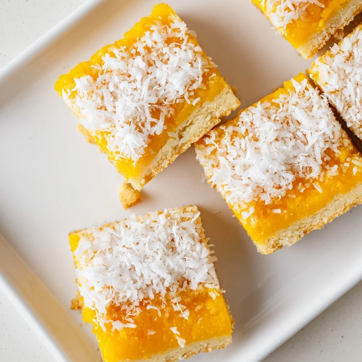 Fresh mango coconut bars sliced into squares with creamy layers and golden coconut garnish