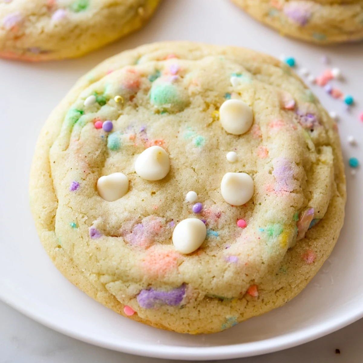 Golden Easter Funfetti Cookies dotted with pastel sprinkles on a white wire cooling rack