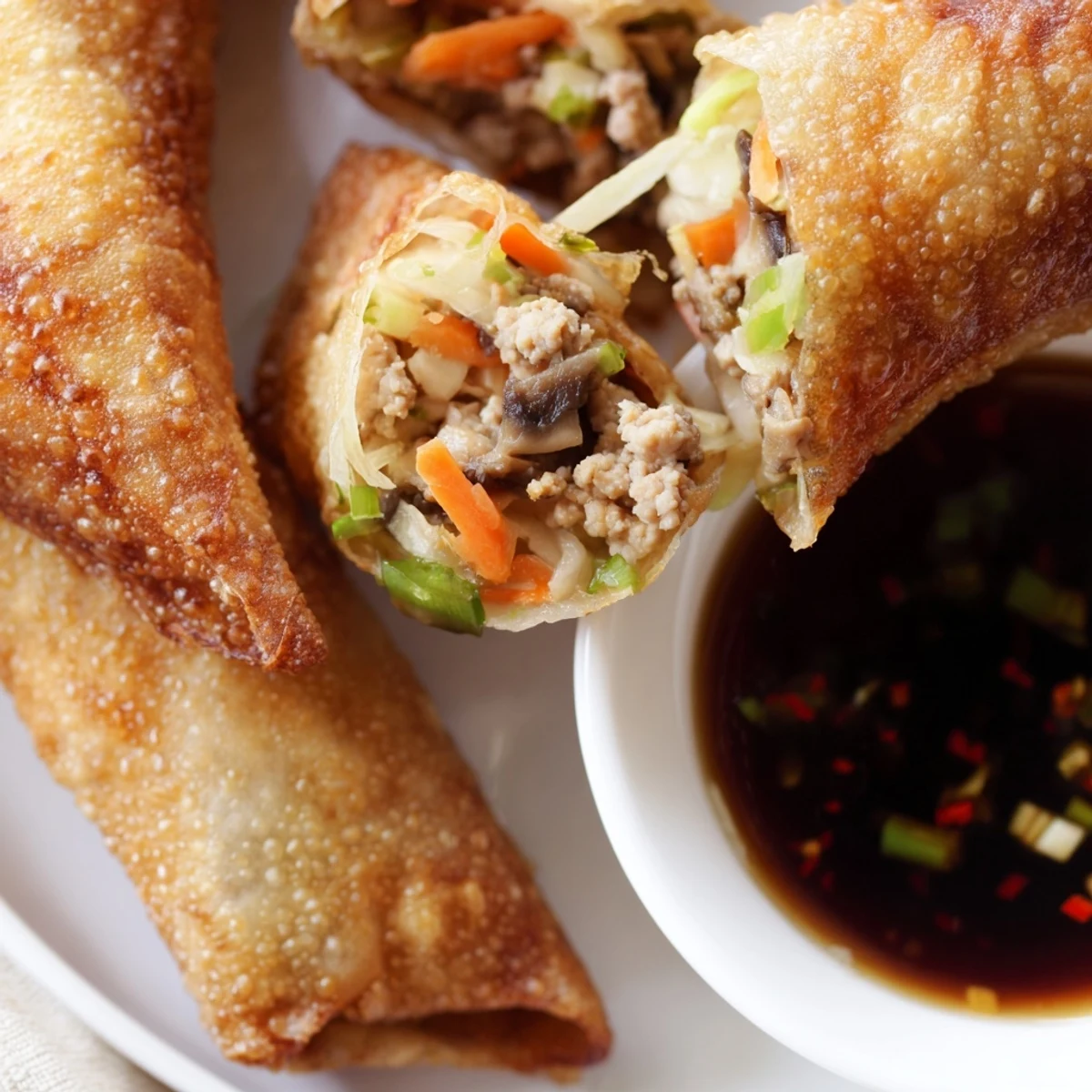 Plate of golden ultra-crispy rice paper spring rolls served with tangy dipping sauce for appetizer