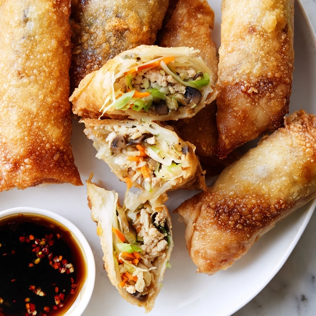 Golden brown crispy rice paper spring rolls with savory vegetable and chicken filling on a white plate