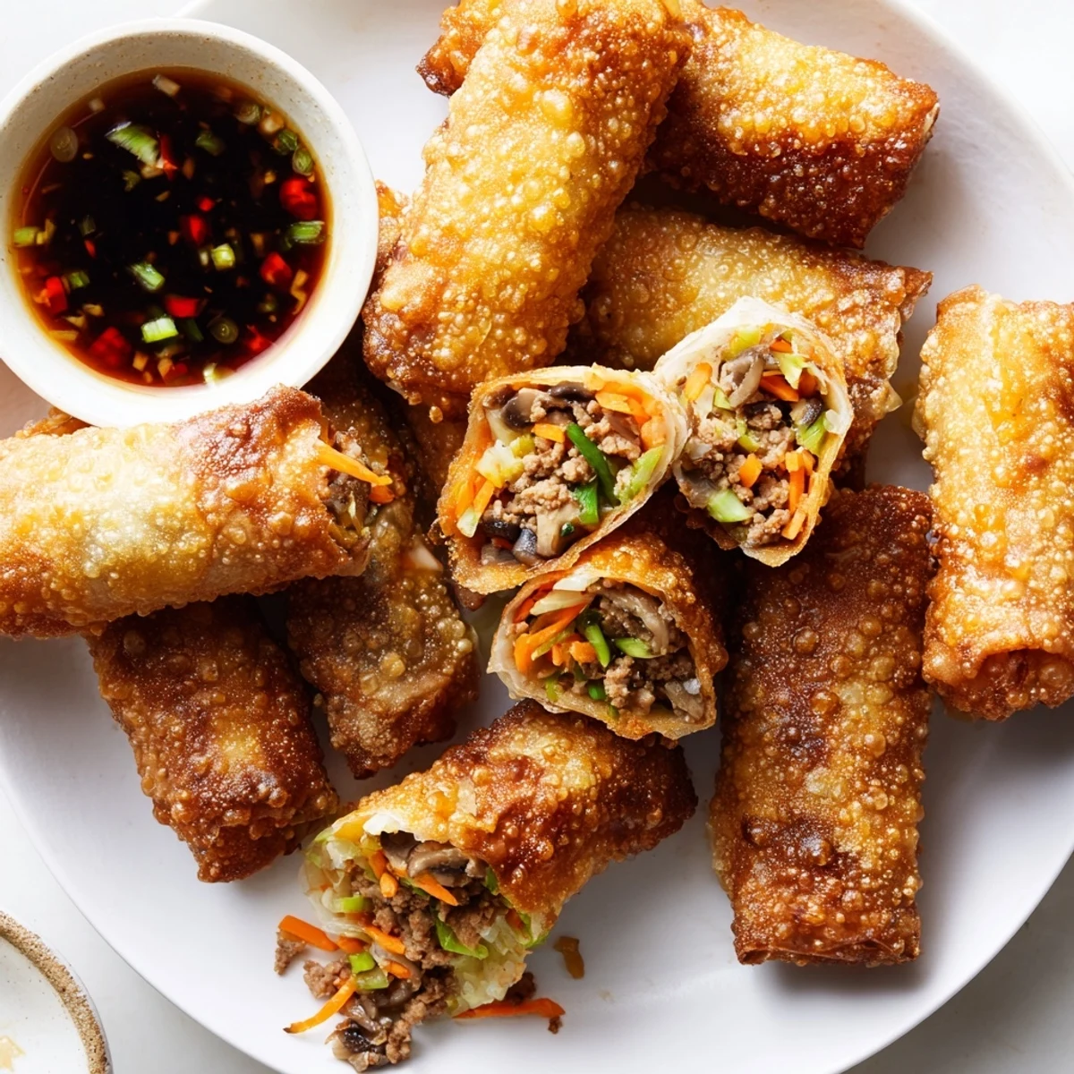 Close-up of baked rice paper spring rolls featuring crunchy texture with shredded cabbage and carrot filling visible